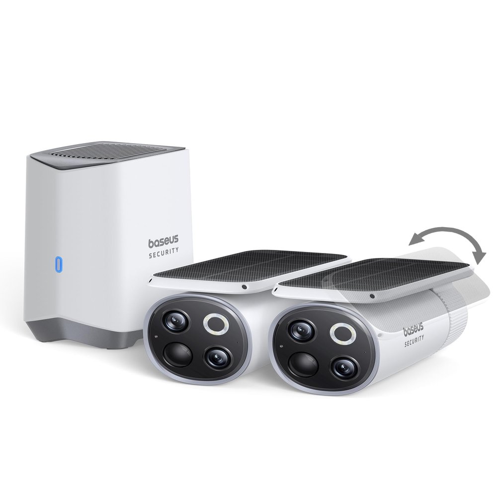 Baseus Solar Security Camera Wireless Outdoor, S1 Pro 2-Cam Kit, Forever Power with Auto Sunlight-Tracking System, Dual Camera with 3K Clarity, No Monthly Fee, 16TB Expandable Local Storage