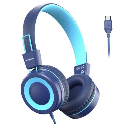 Cowyawn USB Type C Kids Headphones for School, Wired Toddler Headphones, 94dB Volume Limited, HD Stereo Sound, Foldable Lightweight On-Ear Wired Headphones for Kids/Children/Teens/Boys (Dark Blue)