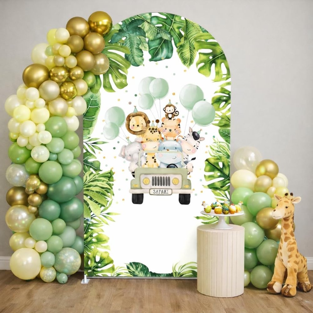 HISDH Jungle Animals Arch Covers Cartoon Tropical Safari Birthday Party Decorations Top Round Chiara Arch Backdrop Stand Cover for Kids Baby Shower Banquets Parties Props(W2.6ftxH6ft)