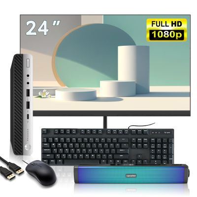 HP ProDesk 600 G4 Mini Desktop PC with 24" FHD Monitor and RGB Speakers PC Set, Intel Core i5-8500T, 8 GB RAM, 256 GB SSD, Keyboard & Mouse, Windows 11 Pro (Renewed)