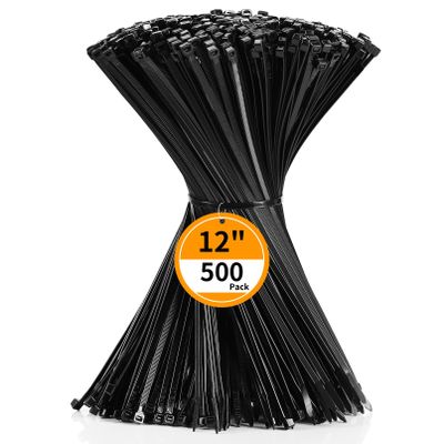 Cable Zip Ties 12 inch Cehony 500 Pack Black Zip Ties Heavy Duty 50lbs Tensile Strength Plastic Zip Ties for Outdoor and Indoor Multi-Purpose Cable Ties Self-Locking UV Resistant Wire Ties Wraps