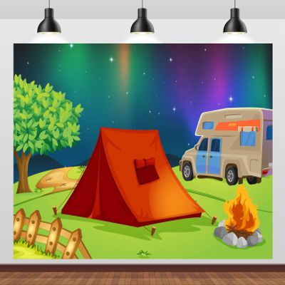 CORFOTO Fabric 10x6.5ft Aurora Camping Backdrop Starry Sky Cartoon Tent Camping RV Background Campfire Camping Themed Party Decorations Outdoor Camping Themed Party Banner Motorhome Camper Photo Props