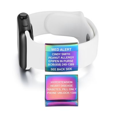 Divoti Dual-Side Laser Engravable Alert ID Badge for Apple Watch Bands, Stainless Steel, Comfortable Stylish and Functional -Personalized Fitness Runners ID for Sport Smartwatch ICON- RW/Text