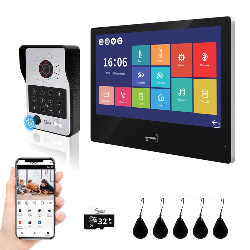 Wired 1080P Video Door Phone Apartment Intercom System,WiFi 10 Inch Touch MonitorSupporting 5 in 1 Unlcking,Motion Detecting,RFID Card Unlocking for Home Tuya,32G