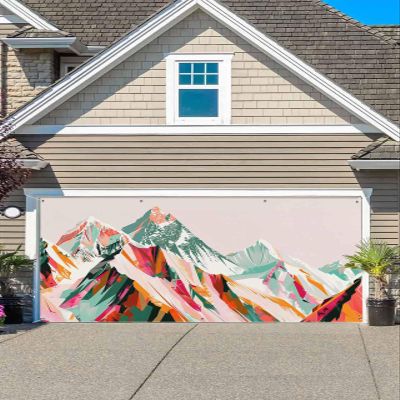 Washable Abstract Garage Door Decorations Reusable Hanging Garage Door Banner Cover Artistic Hand Drawn Oil Painting Style Snowy Mountains Red Garage Backdrop for Indoor Outdoor Decor, 72x156 Inch