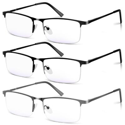 WEIMELTOY 3 Pack Blue Light Blocking Reading Glasses for Men, Stylish Half Frame Metal Computer Readers, Lightweight Spring Hinge Eyeglasses Anti Eyestrain/Glare/UV (2PCS Black+1PCS Gray,+3.0)