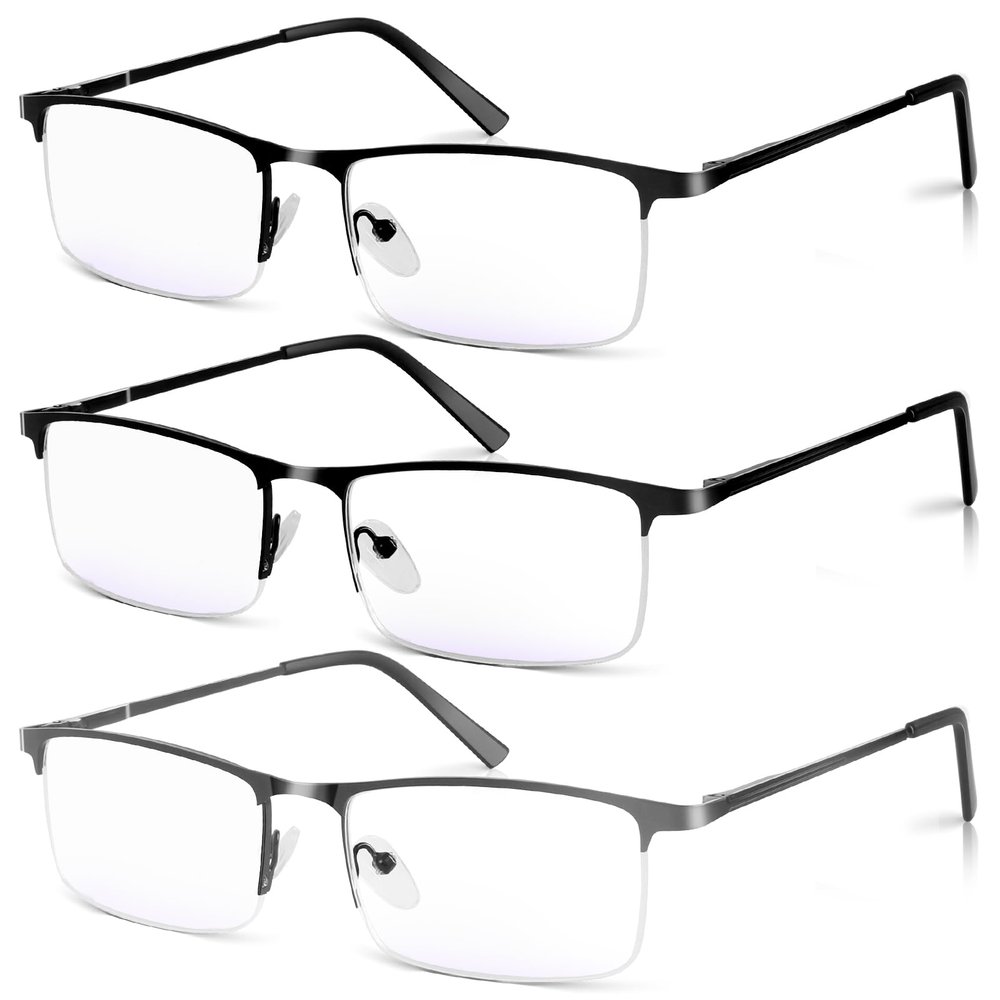 WEIMELTOY 3 Pack Blue Light Blocking Reading Glasses for Men, Stylish Half Frame Metal Computer Readers, Lightweight Spring Hinge Eyeglasses Anti Eyestrain/Glare/UV (2PCS Black+1PCS Gray,+3.0)
