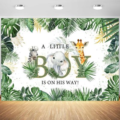10x6.5ft Safari Baby Shower Backdrop A Little Boy is On His Way Photography Background Jungle Animals Baby Shower Party Decoration Supplies Photo Booth Props Table Banner