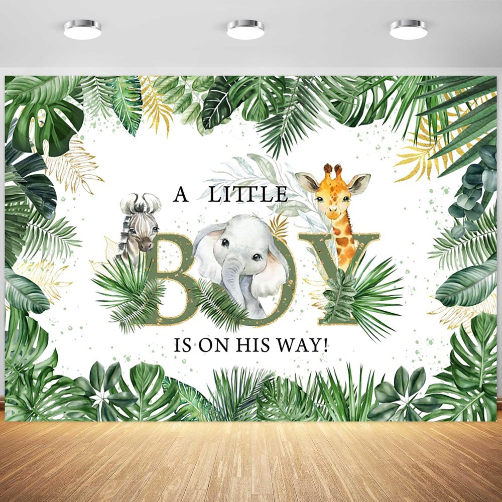 10x6.5ft Safari Baby Shower Backdrop A Little Boy is On His Way Photography Background Jungle Animals Baby Shower Party Decoration Supplies Photo Booth Props Table Banner