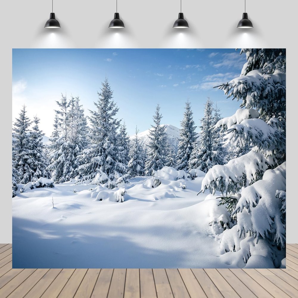 chnywork 15x10ft Winter Snowy Woods Backdrop White Christmas Tree Winter Forest Snow Alps Mountain Blue Sky Christmas Background Xmas New Year Event Holiday Party Decor Photo Booth Props Wallpaper