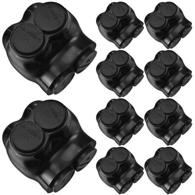 Saysurey 10 Pcs Insulated Multi Cable Connectors 2 Port Single Entry Splice Electrical Power Connector Black Interconnect Terminals Pre Filled (1/0-14 AWG Wire Range)