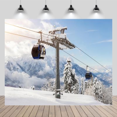 chnywork 5x3ft Winter Ski Lift Backdrop Snowy Mountain Peaks Luxury Winter Alpine Resort Pine Woods Fir Forest Background Ski Sports Theme Party Decor Photo Shoot Studio Props Wallpaper
