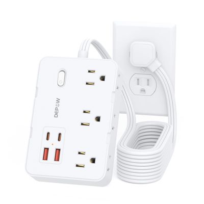 DEPOW Surge Protector Power Strip with Flat Plug, 10 FT Extension Cord with 6 AC Outlets 4 USB Ports(2 USB-C),1050J Surge Protection, Wall Mountable Charging Station for Office, Home, White