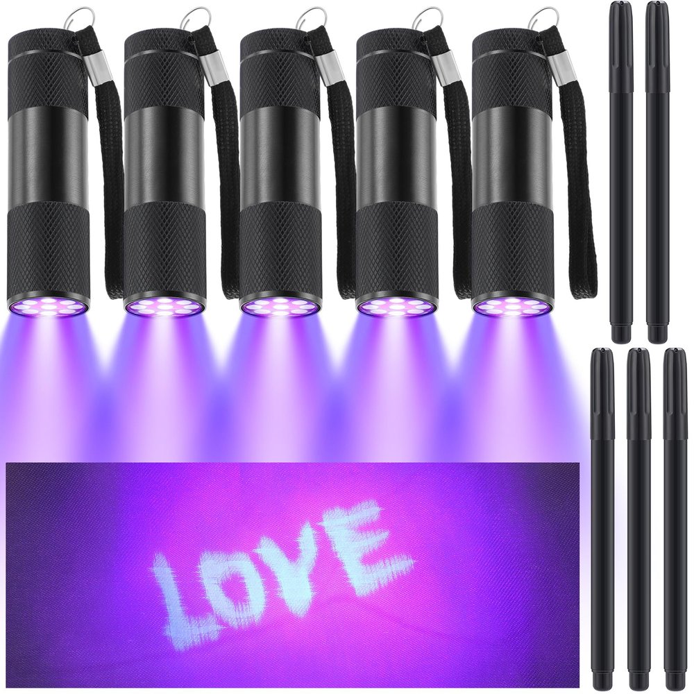 Tegeme 10 Pcs Invisible Ink Pen with Blacklight Flashlight Favor, Black