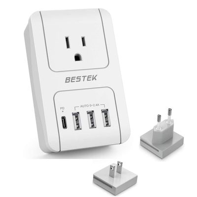BESTEK International Travel Adapter, 3000W European Travel Plug Adapter for Hair Dryer Curling Iron, USB Travel Wall Charger with Worldwide Wall Plugs for US, EU(PD35W,1004, White)