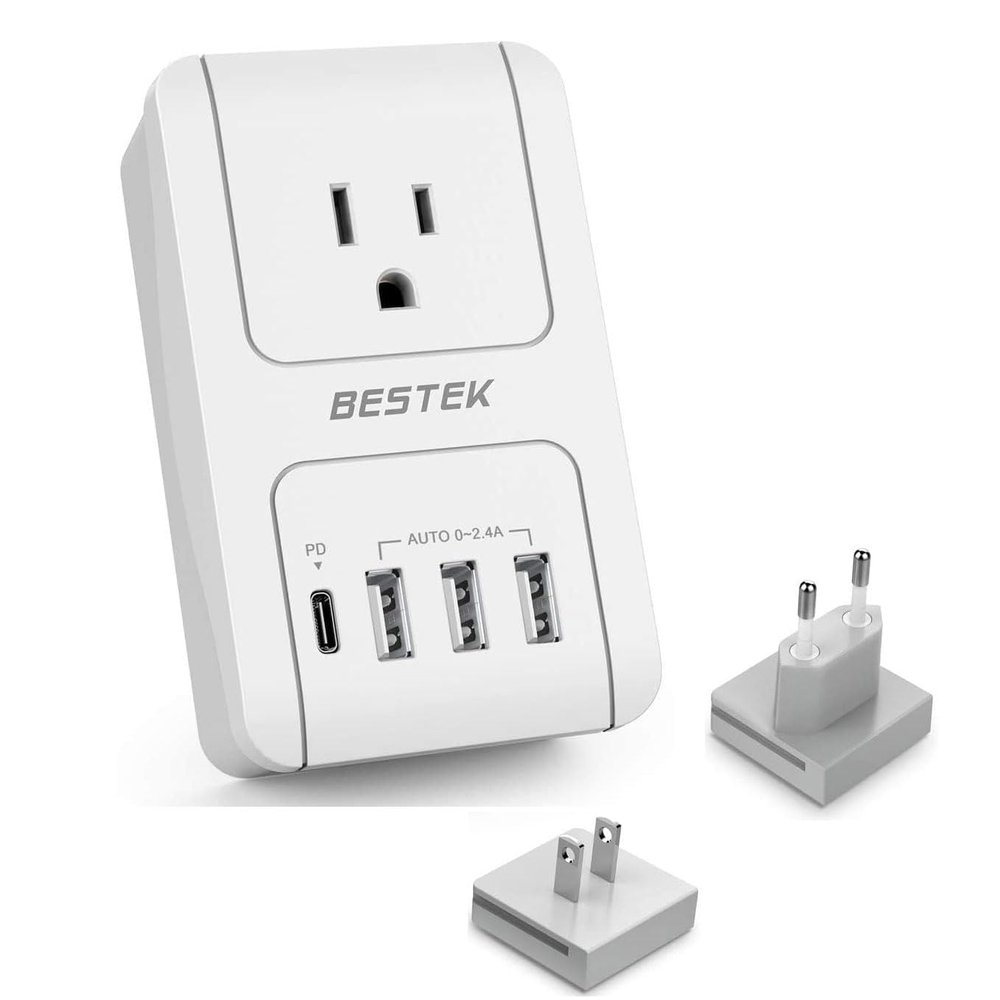 BESTEK International Travel Adapter, 3000W European Travel Plug Adapter for Hair Dryer Curling Iron, USB Travel Wall Charger with Worldwide Wall Plugs for US, EU(PD35W,1004, White)