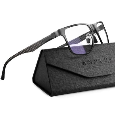 ANYLUV Blue Light Glasses Men, Relieve Eyestrain and Eye Protection, Al-Mg Metal Computer Blue Light Blocking GlassesBlack Carbon Fiber x1.75