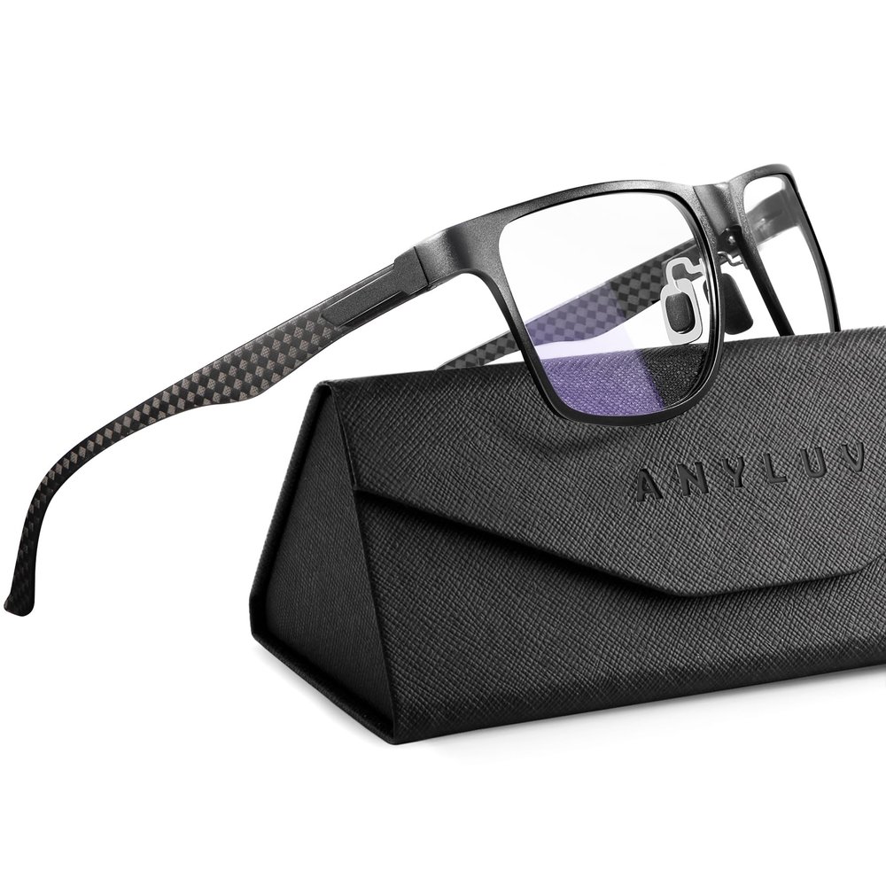 ANYLUV Blue Light Glasses Men, Relieve Eyestrain and Eye Protection, Al-Mg Metal Computer Blue Light Blocking GlassesBlack Carbon Fiber x1.75