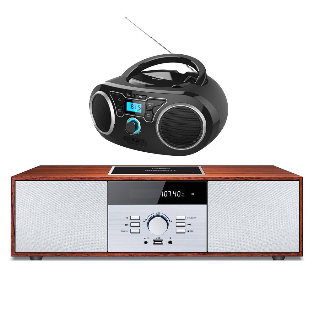 Portable CD Player Boombox and Vintage Style Home CD Player Wood Speaker System