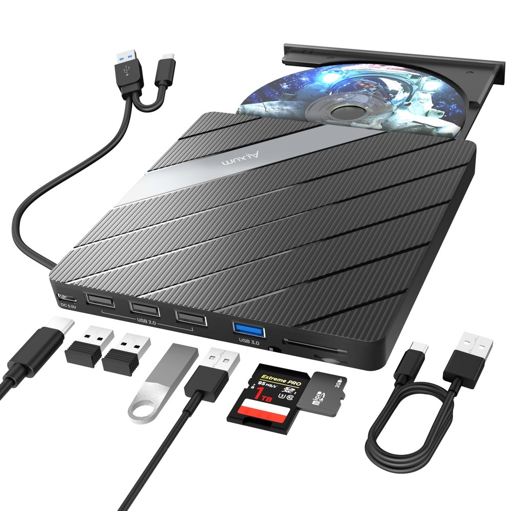 Alxum External CD DVD Drive for Laptop, 8 in 1 Portable CD DVD Burner Rewriter with Multiple Ports Support Faster Transfer Speed CD 8X DVD 24x for Windows 11/10/8/7 MacOS and More