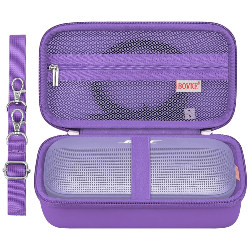 BOVKE Hard Travel Speaker Case for Bose New SoundLink Flex Speaker (2nd Gen) / Bose SoundLink Flex Bluetooth Portable Speaker, Extra Mesh Pocket for Bose Charger, Cables, Purple (W/Shoulder Strap)
