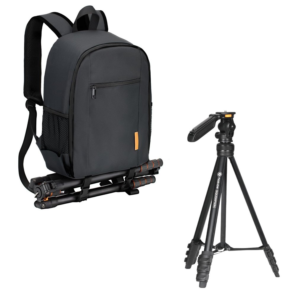 TARION Camera Backpack + Travel Tripod for Camera | 55"/139cm Tall Lightweight Camera Tripod Stand with Hidden Phone Holder Aluminum SQUORPION & DSLR Camera Bag Photograhy Backpack Black Small TB-S