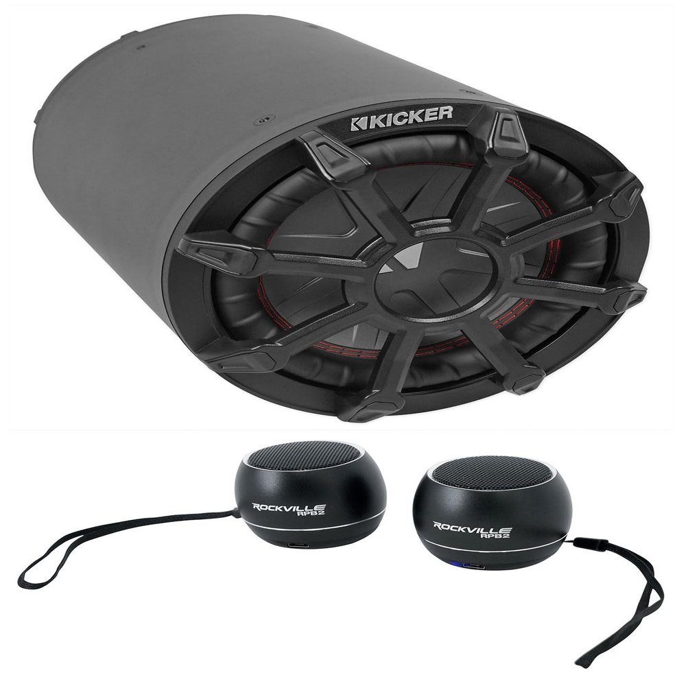 Audiosavings Bundle: (1) Kicker 46CWTB84 8" 600w Marine Loaded Subwoofer Enclosure Bundle with (1) Pair Rockville RPB3-BLACK Handheld Wireless Linking Portable Bluetooth Speakers (2 Item)