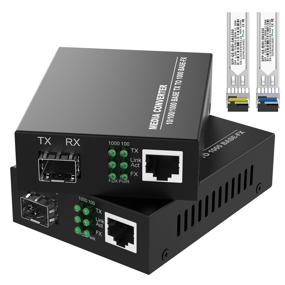 FTTPVIPS A Pair of 1.25G/s Bidi Gigabit Single-Mode Fiber Ethernet Media Converter with 2PCS Bidi SFP LC Transceiver Module Included, 10/100/1000Base-Tx to 1000Base-SX SMF RJ45 to SFP Slot up to 30KM