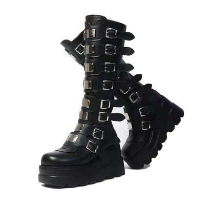 HINDOLA Women Platform Punk Goth Mid Calf Boots Chunky High Heel Round-Toe Back-Zip Knee High Motorcycle Booties Combat Boots