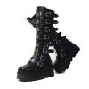 HINDOLA Women Platform Punk Goth Mid Calf Boots Chunky High Heel Round-Toe Back-Zip Knee High Motorcycle Booties Combat Boots view 1