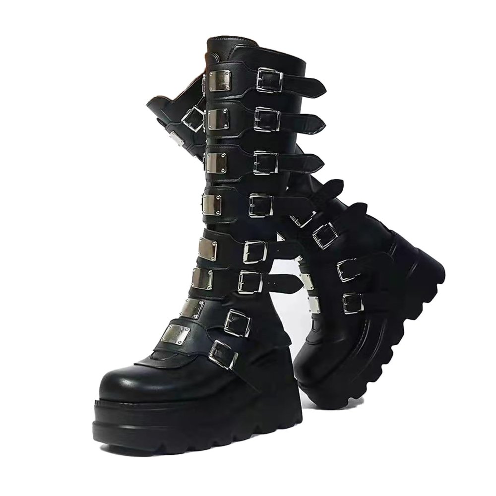HINDOLA Women Platform Punk Goth Mid Calf Boots Chunky High Heel Round-Toe Back-Zip Knee High Motorcycle Booties Combat Boots