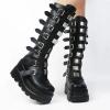 HINDOLA Women Platform Punk Goth Mid Calf Boots Chunky High Heel Round-Toe Back-Zip Knee High Motorcycle Booties Combat Boots view 2