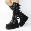 HINDOLA Women Platform Punk Goth Mid Calf Boots Chunky High Heel Round-Toe Back-Zip Knee High Motorcycle Booties Combat Boots view 3