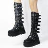 HINDOLA Women Platform Punk Goth Mid Calf Boots Chunky High Heel Round-Toe Back-Zip Knee High Motorcycle Booties Combat Boots view 4
