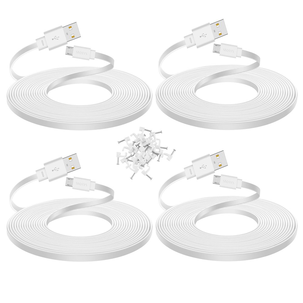 Smays 4-Pack 25 ft Extension Cable for WYZE Cam v4, WYZE Cam v3 and v3 Pro Camera, Long Flat Micro USB Cord, White