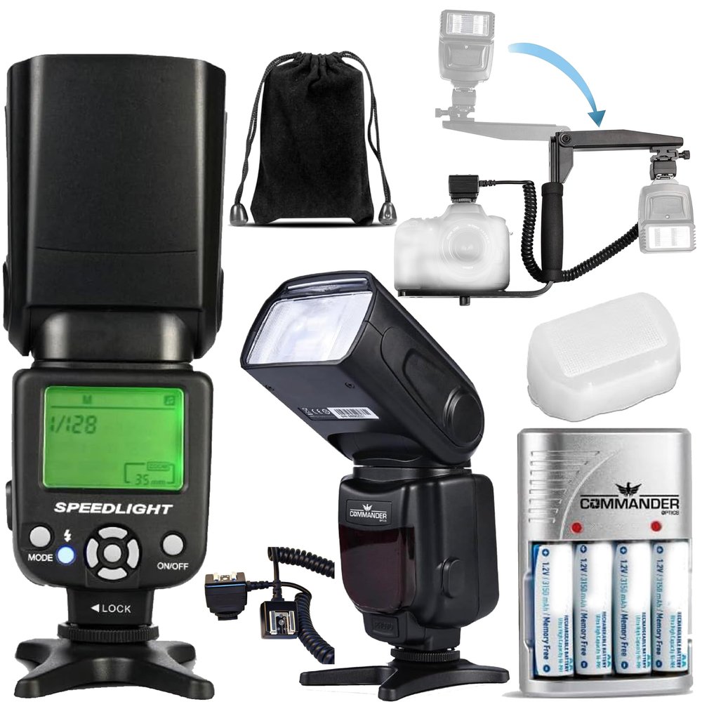 Speedlite Dedicated Electronic Flash Bundle for Canon EOS Rebel 60D, 70D, 80D, 90D, 6D Mark II, 5D Mark IV Includes- U-Shape Bracket, Off Shoe Cable, Rechargeable Batteries, Diffuser, Case