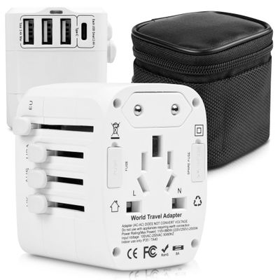 Universal International Travel Power Adapter W/High Speed 2.4A USB, 3.0A Type-C Wall Charger, European Adapter, Worldwide AC Outlet Plugs Adapters for Europe, UK, US, AU, Asia (White)