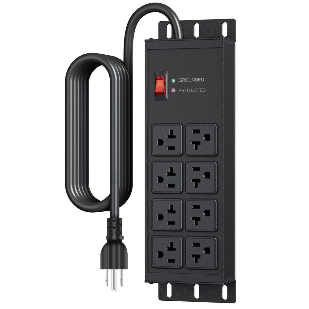 JUNNUJ Heavy Duty 20 Amp Surge Protector 4800J, Garage Metal 8 Outlets 12 Gauge, High Amp 5-15P Adapter Shop 6-20R T-Slot Industrial Outlet, 10 FT Extension Cord Commercial for Appliance