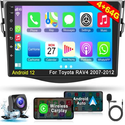4G+64G Car Radio Stereo for Toyota RAV4 2007-2012, Wireless Carplay&Android Auto with Android 12 Support Bluetooth/Voice Control/GPS/WiFi/Back-up Camera/SWC/FM, 9 Inch IPS Touch Screen for Toyota RAV4