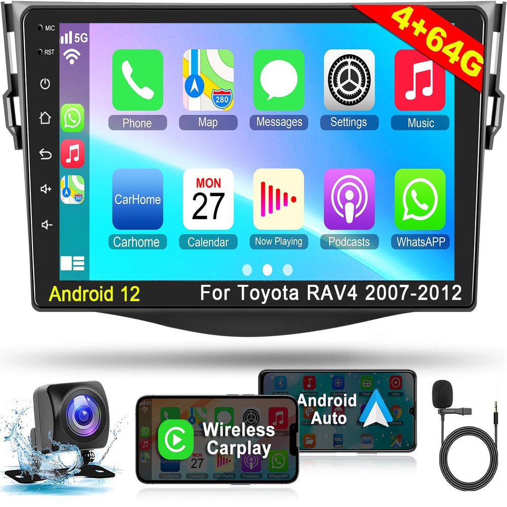 4G+64G Car Radio Stereo for Toyota RAV4 2007-2012, Wireless Carplay&Android Auto with Android 12 Support Bluetooth/Voice Control/GPS/WiFi/Back-up Camera/SWC/FM, 9 Inch IPS Touch Screen for Toyota RAV4