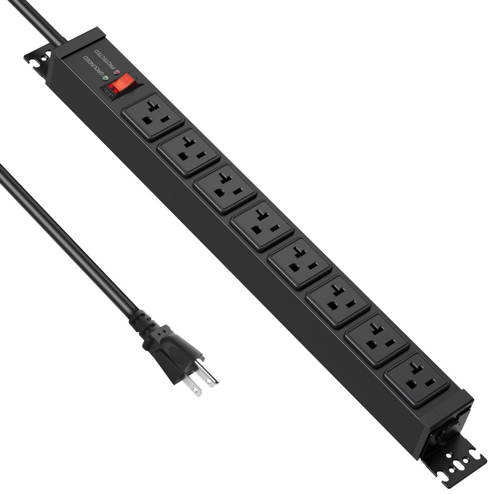 JUNNUJ 20 Amp Power Strip Surge Protector 4800J, Heavy Duty 8 Outlet Metal Multi Angle Mount, 20A Garage Power Strip Shop 6-20R T-Slot, 5-15P Plug 12 Gauge Extension Cord 10ft for Appliance