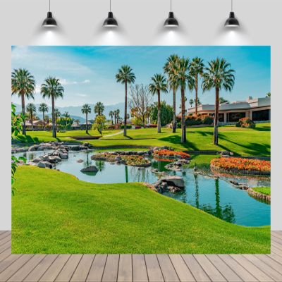 chnywork 7x5ft Golf Courses Backdrop California Palm Springs City Vacation Resort Green Meadow Ponds Mountain Blue Sky Background Golf Theme Wedding Birthday Party Decor Photo Props Wallpaper