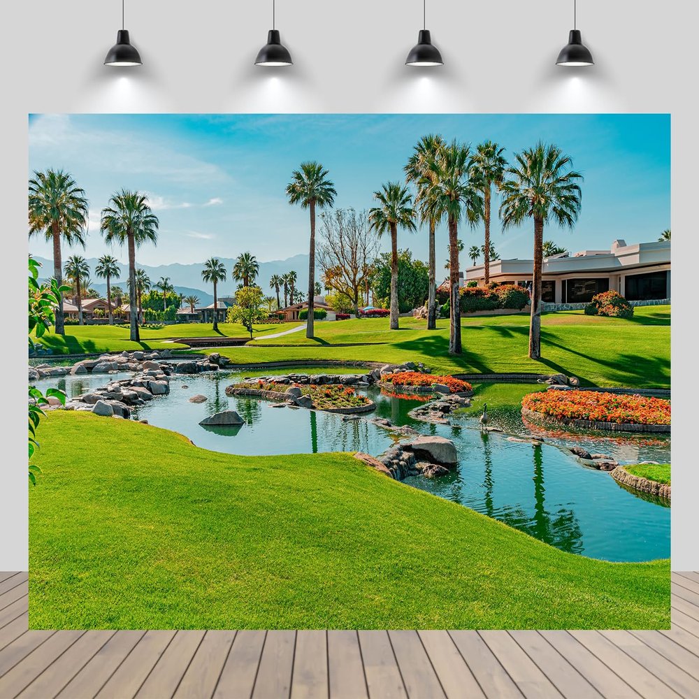 chnywork 7x5ft Golf Courses Backdrop California Palm Springs City Vacation Resort Green Meadow Ponds Mountain Blue Sky Background Golf Theme Wedding Birthday Party Decor Photo Props Wallpaper