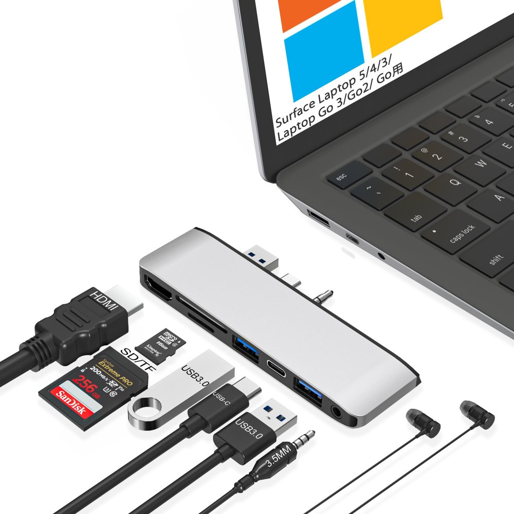 Clickfish Surface Laptop 6/5/4/3 Hub Docking Station, USB-C Hub with 4K@30Hz HDMI, 2xUSB 3.0, USB-C, SD/TF Card Slot, 3.5mm Audio for Surface Laptop 6/5/4/3/Laptop Go 3/Go2/Go