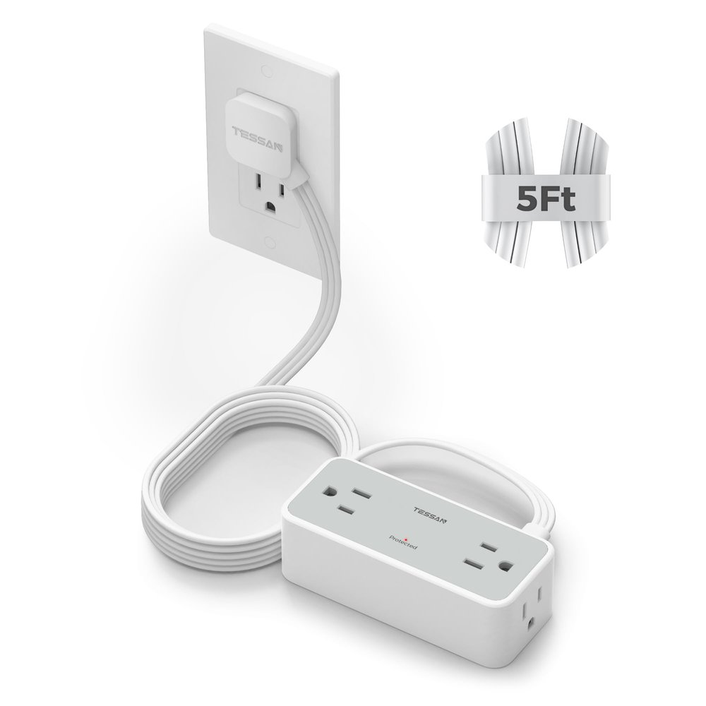 5FT Flat Extension Cord, TESSAN Surge Protector Power Strip with 4 Widely Spaced AC Outlets, 900 Joules Surge Protection, Ultra-Thin Flat Plug Desk Charging Station for Home Office Dorm Essentials