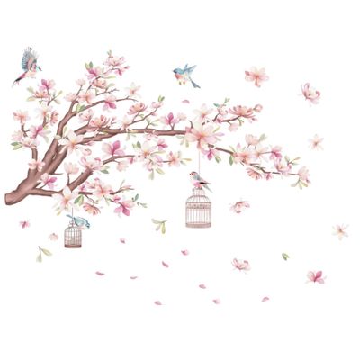 Cherry Blossom Flowers Wall Decals Decor Vinyl Stickers, Magnolia Floral Tree Branch Birds Wall Art Murals, Flower Pattern Wall Stickers for Girls Bedroom Living Room Nursery Decor