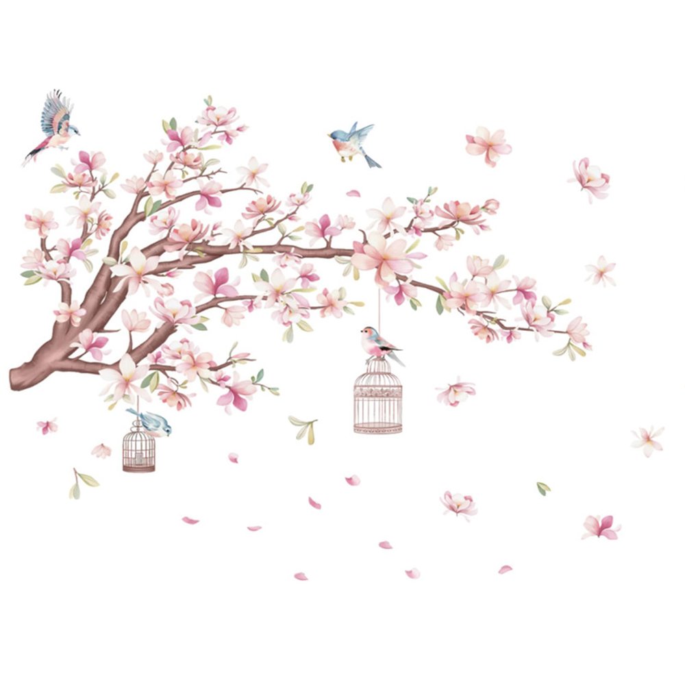 Cherry Blossom Flowers Wall Decals Decor Vinyl Stickers, Magnolia Floral Tree Branch Birds Wall Art Murals, Flower Pattern Wall Stickers for Girls Bedroom Living Room Nursery Decor
