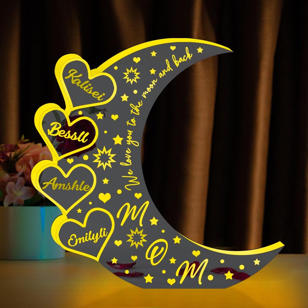 MYZQIFF Personalized Moon Star Family Mirror Lamp,Custom Name Mothers Day Led Moon Star Mirror Night Light,Personalized for mom,Mum We Love You to The Moon and Back Mirror Moon Light (Moon 3)