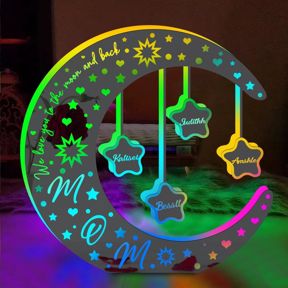 MYZQIFF Personalized Moon Star Family Mirror Lamp,Custom Name Mothers Day Led Moon Star Mirror Night Light,Personalized for mom,Mum We Love You to The Moon and Back Mirror Moon Light (Moon 2)