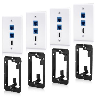4 Pack HDMI Ethernet Wall Plate, 2-Port Cat6 Keystone Jack RJ45 Coupler and 1-Port HDMI Wall Outlet with Low Voltage Mounting Bracket for Home Theater HDTV (White)